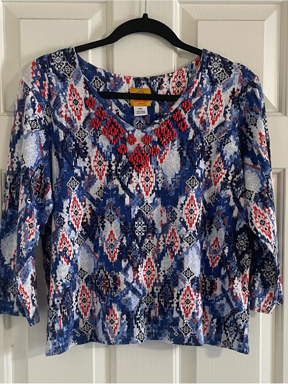 Ruby Rd. Blue Red Multi-Pattern V-Neck Long Sleeve Top - Picture 2 of 3